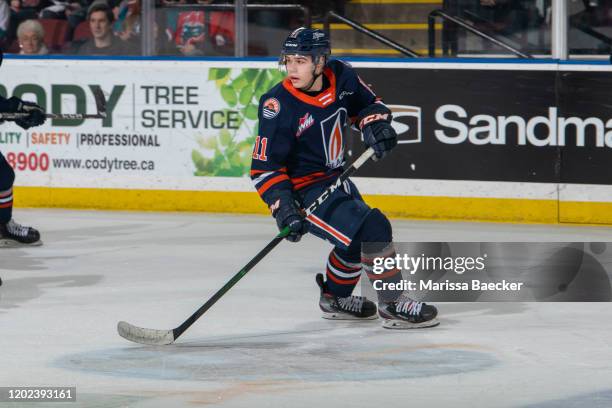 Logan Stankoven of the Kamloops Blazers skates against the Kelowna Rockets at Prospera Place on January 11, 2020 in Kelowna, Canada.