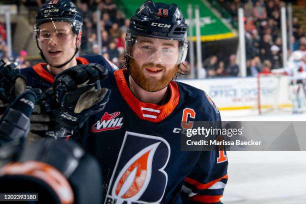 Zane Franklin and Connor Zary of the Kamloops Blazers celebrate a goal against the Kamloops Blazers at Prospera Place on January 11, 2020 in Kelowna,...