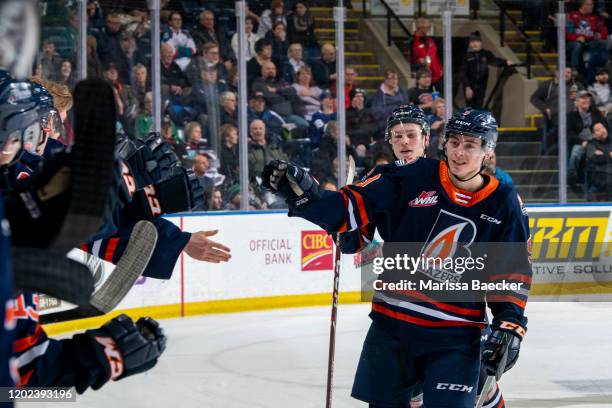 Josh Pillar of the Kamloops Blazers celebrates a goal against the Kelowna Rockets at Prospera Place on January 11, 2020 in Kelowna, Canada.