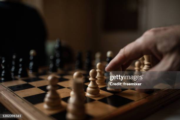 schaakbord en menselijke hand sluiten omhoog - playing chess stockfoto's en -beelden