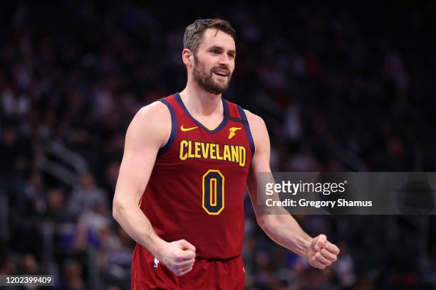Kevin Love of the Cleveland Cavaliers reacts to a first half basket while playing the Detroit Pistons at Little Caesars Arena on January 27, 2020 in...