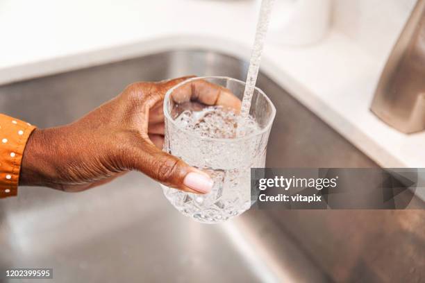pouring some tap water into her glass - faucet imagens e fotografias de stock