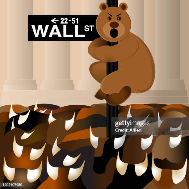 bear holds onto wall street sign while bulls run the street - bull wall street stock illustrations