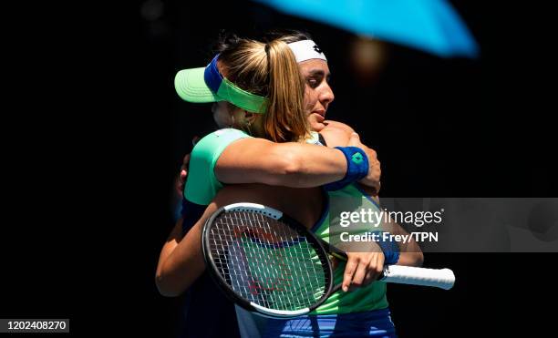 Sofia Kenin of the United States celebrates her victory in her quarter final match against Ons Jabeur of Tunisia on day nine of the 2020 Australian...