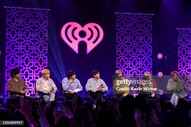 Jin, Jungkook, RM, Jimin, and J-Hope of "BTS" onstage at iHeartRadio LIVE with BTS presented by HOT TOPIC at iHeartRadio Theater on January 27, 2020...