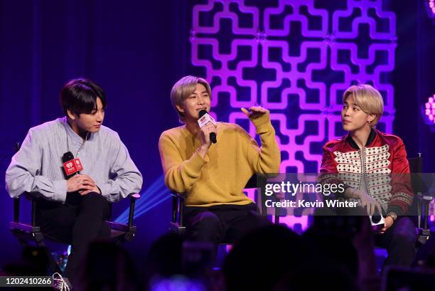 Jungkook, RM, and Jimin of "BTS" speak onstage at iHeartRadio LIVE with BTS presented by HOT TOPIC at iHeartRadio Theater on January 27, 2020 in...