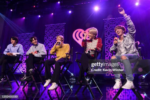 Jin, Jungkook, RM, Jimin, and J-Hope of "BTS" speak onstage at iHeartRadio LIVE with BTS presented by HOT TOPIC at iHeartRadio Theater on January 27,...