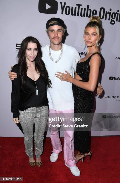 Pattie Mallette, Justin Bieber and Hailey Bieber attend the premiere of YouTube Originals' "Justin Bieber: Seasons" at Regency Bruin Theatre on...