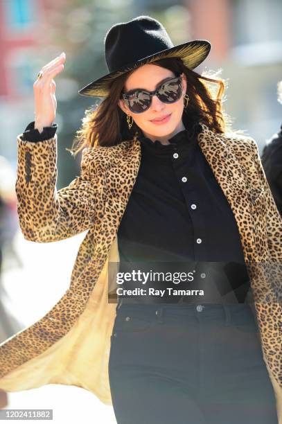 Actress Anne Hathaway walks on Main Street on January 27, 2020 in Park City, Utah.
