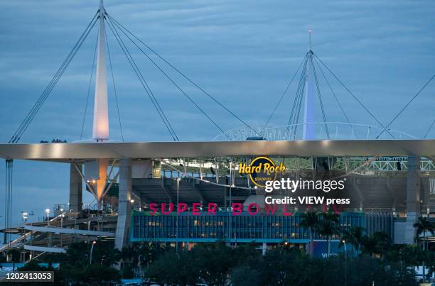 General view of Hard Rock Stadium in Miami Gardens on January 27, 2020 in Miami, USA. The Super Bowl XLIV will take place in the Hard Rock Stadium in...