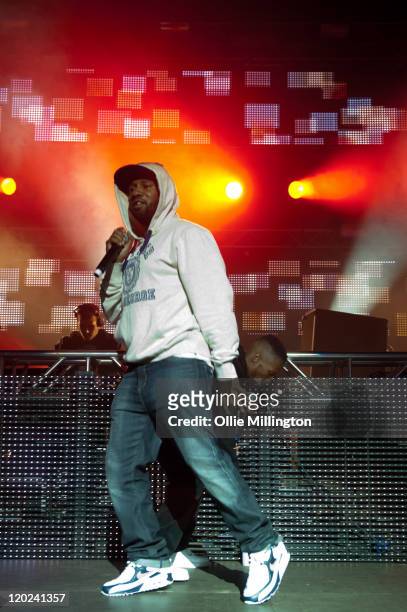 Footsie of Grime collective Newham Generals performs on the Rinse stage during the first night of Global Gathering at Long Marston Airfield on July...