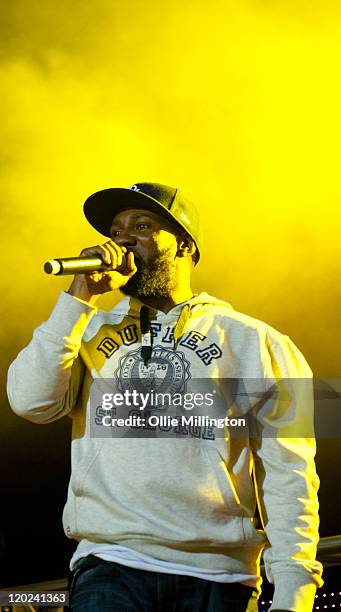 Footsie of Grime collective Newham Generals performs on the Rinse stage during the first night of Global Gathering at Long Marston Airfield on July...