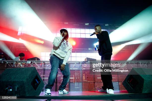 Double E and Footsie of Grime collective Newham Generals perform on the Rinse stage during the first night of Global Gathering at Long Marston...