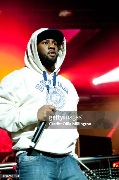 Footsie of Grime collective Newham Generals performs on the Rinse stage during the first night of Global Gathering at Long Marston Airfield on July...