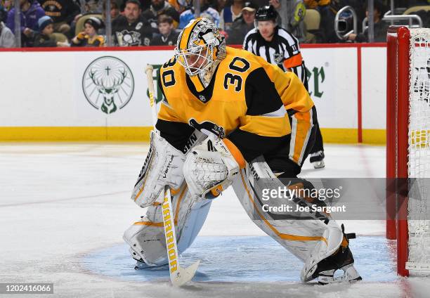 Matt Murray of the Pittsburgh Penguins defends the net against the Boston Bruins at PPG PAINTS Arena on January 19, 2020 in Pittsburgh, Pennsylvania.