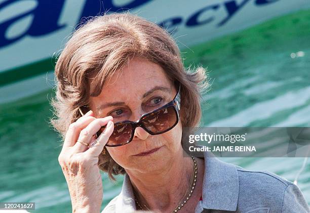 Spain's Queen Sofia is pictured on the first day of the Copa del Rey regatta in Palma de Mallorca on August 1, 2011. The Royal Family traditionally...