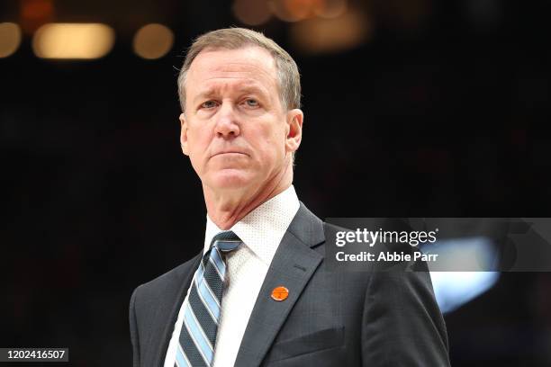 Head Coach Terry Stotts of the Portland Trail Blazers reacts in the first quarter against the Indiana Pacers during their game at Moda Center on...