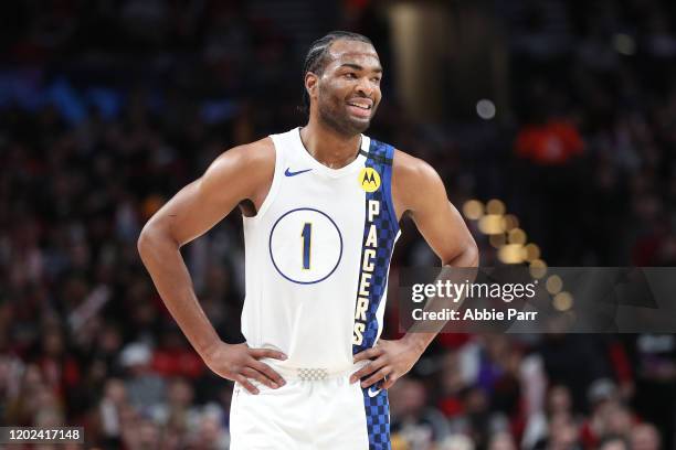 Warren of the Indiana Pacers reacts in the first quarter against the Portland Trail Blazers during their game at Moda Center on January 26, 2020 in...