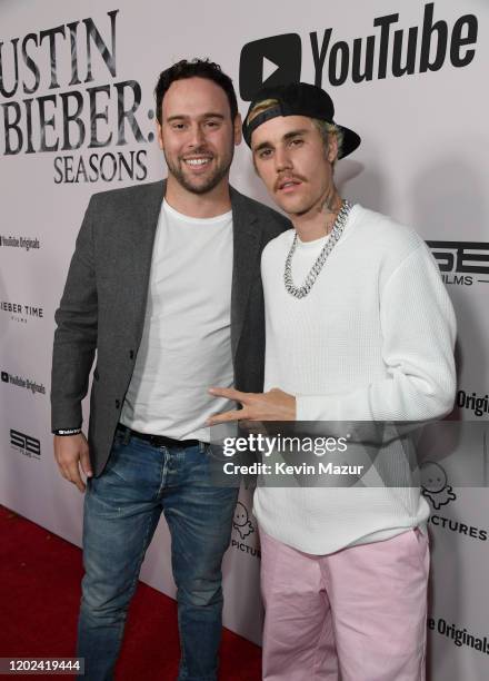 Scooter Braun and Justin Bieber attend YouTube Originals "Justin Bieber: Seasons" premiere at Regency Bruin Theater on January 27, 2020 in Westwood,...