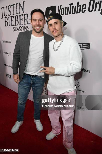 Scooter Braun and Justin Bieber attend YouTube Originals "Justin Bieber: Seasons" premiere at Regency Bruin Theater on January 27, 2020 in Westwood,...