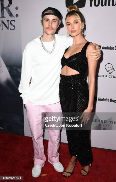 Justin Bieber and Hailey Bieber attend the premiere of YouTube Originals' "Justin Bieber: Seasons" at Regency Bruin Theatre on January 27, 2020 in...