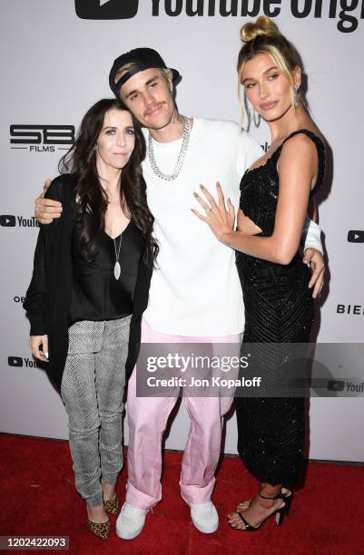 Pattie Mallette, Justin Bieber and Hailey Bieber attend the premiere of YouTube Originals' "Justin Bieber: Seasons" at Regency Bruin Theatre on...