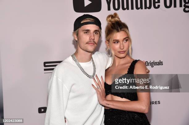 Justin Bieber and Hailey Bieber attend the premiere of YouTube Original's "Justin Bieber: Seasons" at the Regency Bruin Theatre on January 27, 2020...