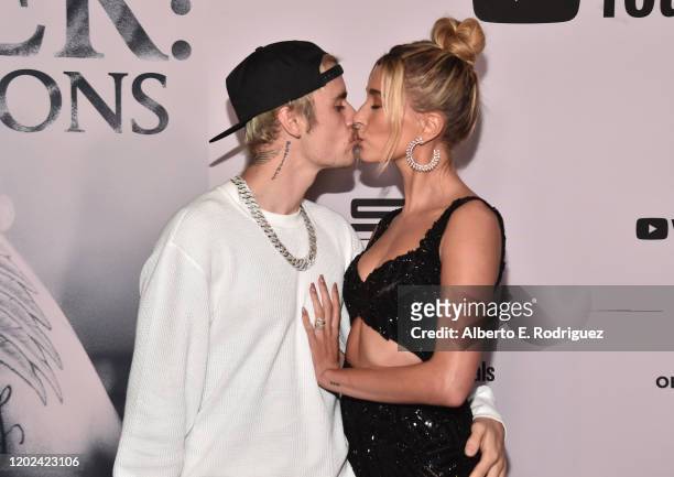 Justin Bieber and Hailey Bieber attend the premiere of YouTube Original's "Justin Bieber: Seasons" at the Regency Bruin Theatre on January 27, 2020...