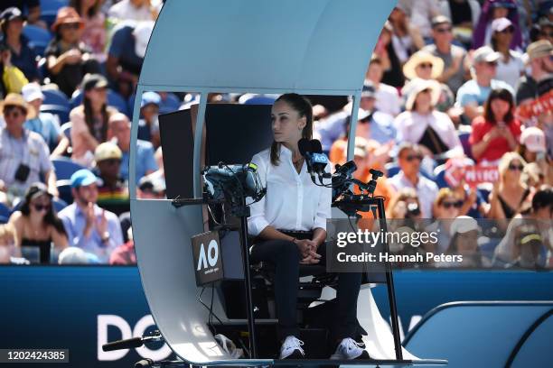 Chair umpire Marijana Veljovic looks on during the Men’s Singles Quarterfinal match between Tennys Sandgren of the United States and Roger Federer of...