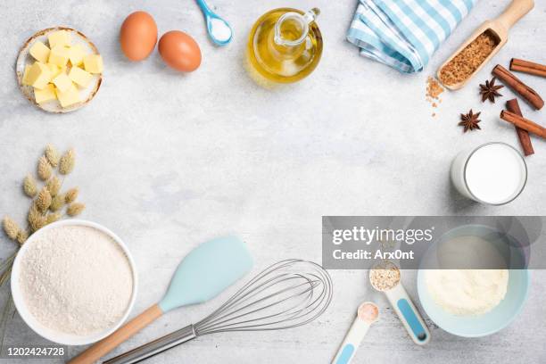 baking ingredients, condiments and utensils - cake from above stock pictures, royalty-free photos & images