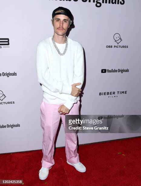 Justin Bieber arrives at the Premiere Of YouTube Originals' "Justin Bieber: Seasons" at Regency Bruin Theatre on January 27, 2020 in Los Angeles,...