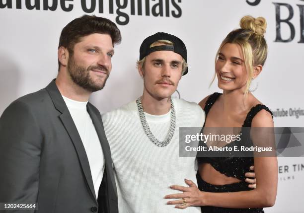 Michael D. Ratner, Justin Bieber and Hailey Rhode Bieber attend the premiere of YouTube Original's "Justin Bieber: Seasons" at Regency Bruin Theatre...