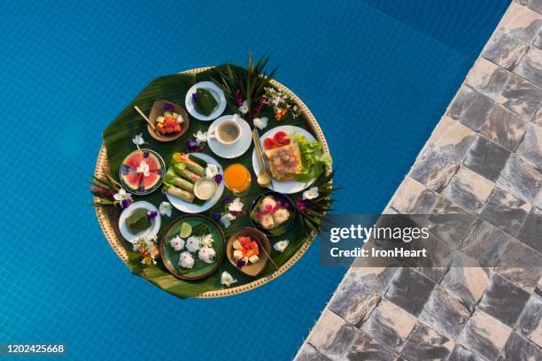 floating foods for hipster travel vacation holiday at the luxury hotel. - bali luxury stock pictures, royalty-free photos & images