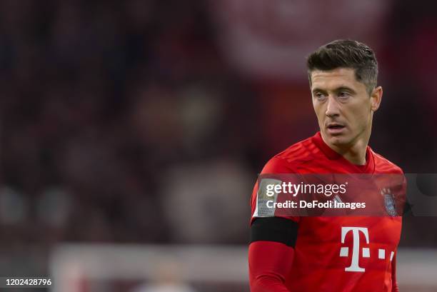 Robert Lewandowski of FC Bayern Muenchen Looks on during the Bundesliga match between FC Bayern Muenchen and SC Paderborn 07 at Allianz Arena on...