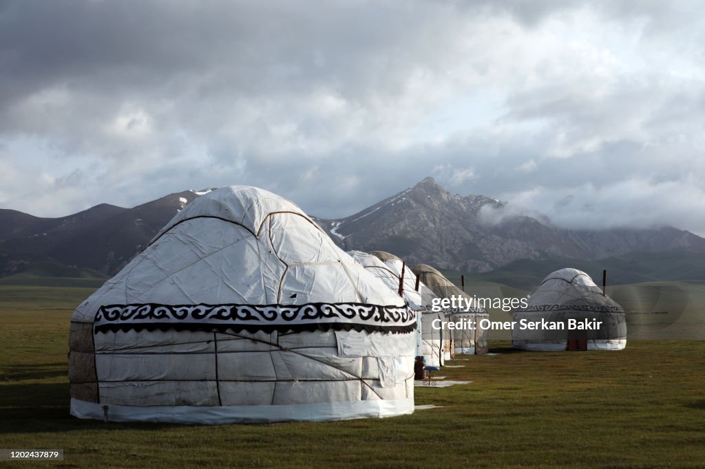 Traditional Kyrgyz tents Yurt. Song Kol Lake, Kyrgyzstan.