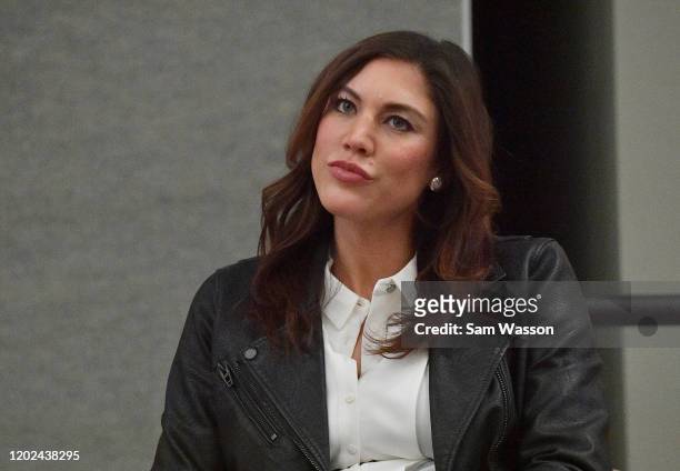 Soccer player Hope Solo sits on stage before 'Champion & Activist: An Evening With Hope Solo' at University of New Mexico on January 27, 2020 in...