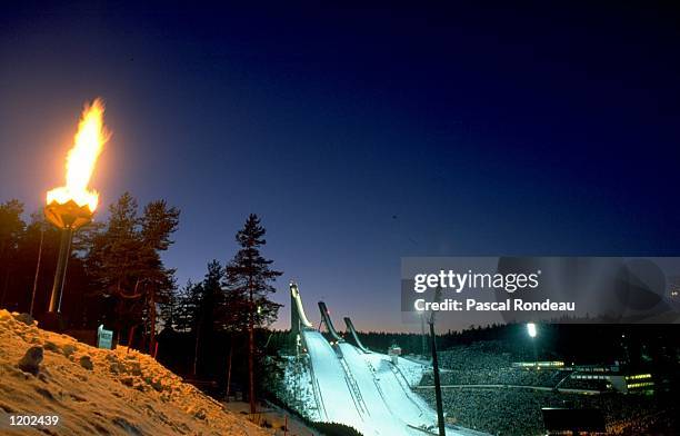 General view of the stadium at night during the Nordic World Ski Championships in Lahti, Finland. \ Mandatory Credit: Pascal Rondeau/Allsport