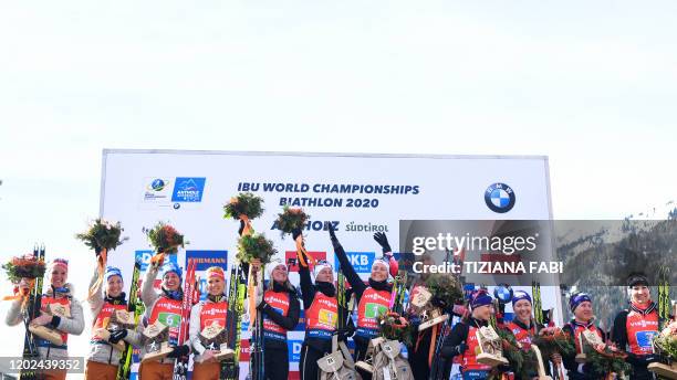 Second-placed German Denise Herrmann, German Franziska Preuss, German Vanessa Hinz and German Karolin Horchler, winners Norwegian Marte Olsbu...