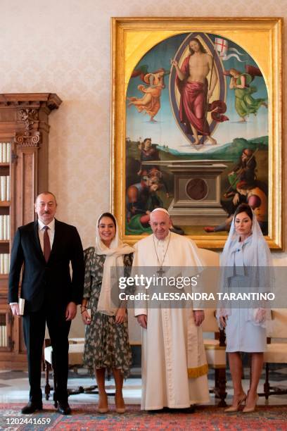 Pope Francis poses with Azerbaijan President Ilham Aliyev , his daughter Leyla Aliyeva and his wife Mehriban Aliyeva during a private audience at the...