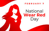 National wear red day vector banner. American Heart Association bring attention to heart disease. Beautiful woman wearing red dress. National wear red day February 7 concept.