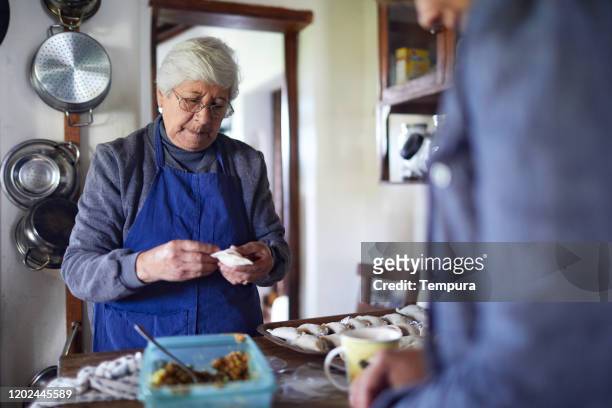 mujer argentina senior cocinando empanadas para un asado familiar. - empanadas fotografías e imágenes de stock
