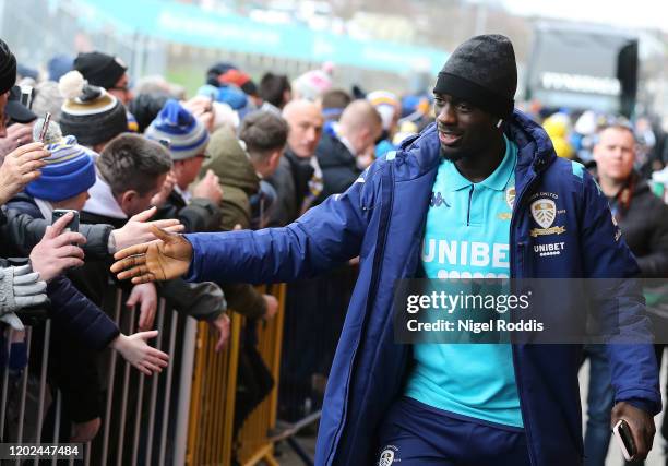 Jean-kevin Augustin of Leeds United arrives ahead of the Sky Bet Championship match between Leeds United and Reading at Elland Road on February 22,...