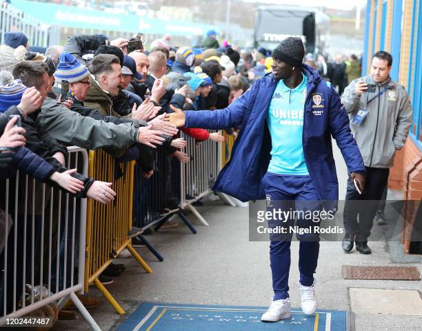 Jean-kevin Augustin of Leeds United arrives ahead of the Sky Bet Championship match between Leeds United and Reading at Elland Road on February 22,...