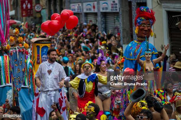Revellers participate in the Bloco Ceu na Terra street carnival celebration in the Santa Teresa neighborhood on February 22, 2020 in Rio de Janeiro,...