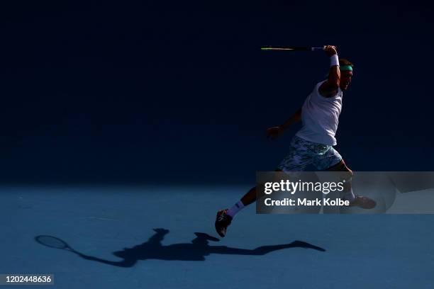 Tennys Sandgren of the United States plays a forehand during his Men’s Singles Quarterfinal match against Roger Federer of Switzerland on day nine of...