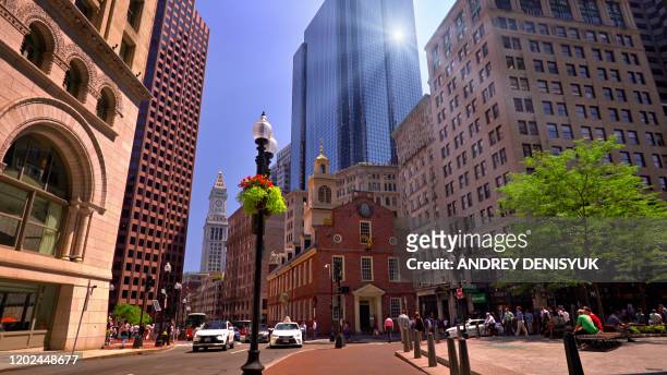 boston downtown. old state house. modern financial building. sun. tree. - boston financial district stock pictures, royalty-free photos & images