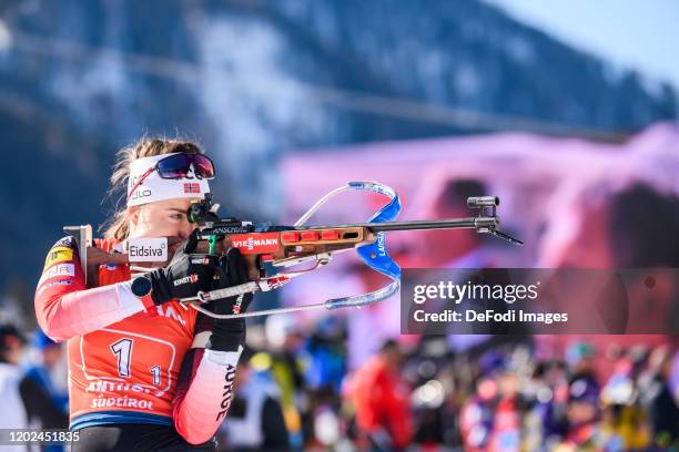 Synnoeve Solemdal of Norway at the shooting range during the Women 4x6 km Relay Competition at the IBU World Championships Biathlon...