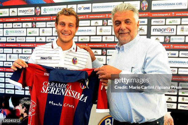Alessandro Diamanti , the new player of Bologna FC, and Albano Guaraldi, President of Bologna FC, attend a press conference on August 2, 2011 in...