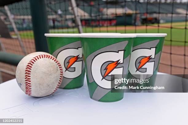 Detailed view of a group of Gatorade cups and a baseball sitting in the dugout during the Spring Training game between the Detroit Tigers and the...