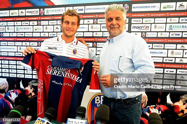 Alessandro Diamanti , the new player of Bologna FC, and Albano Guaraldi, President of Bologna FC, attend a press conference on August 2, 2011 in...